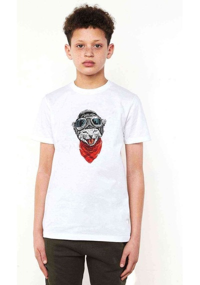 Tshirthane Kedi Buff Gözlük Baskılı Unisex Çocuk Beyaz T-Shirt