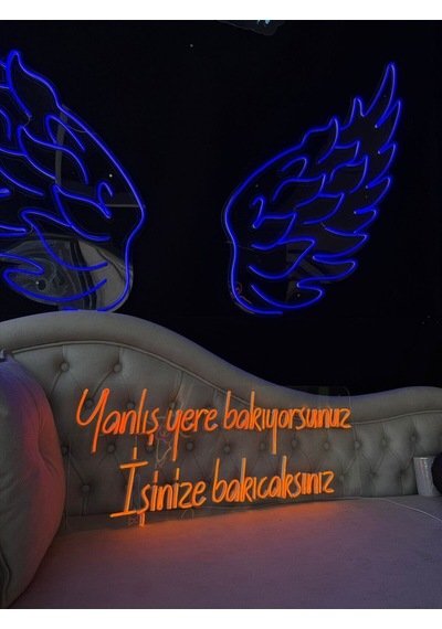 Yanlış Yere Bakıyorsunuz İşinize Bakıcaksınız Yazılı Neon Tabela Turuncu
