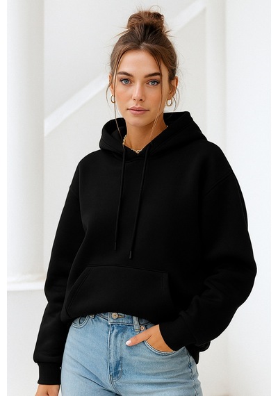 Kadın Siyah Kanguru Cepli Kapüşonlu Scuba Sweatshirt Siyah