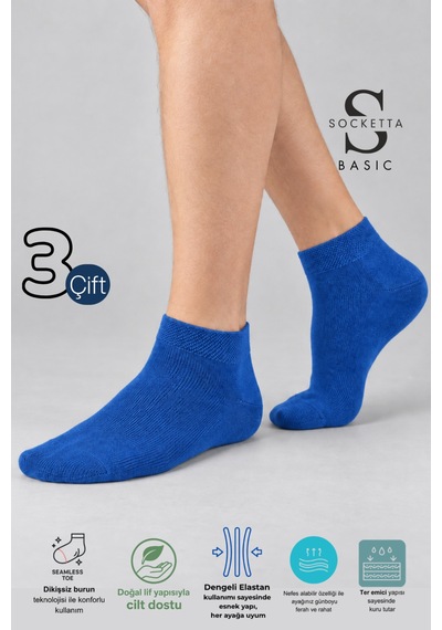 Socketta 3'lü Saks Erkek Pamuk Dikişsiz Esnek Patik Çorap - Basic Saks