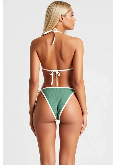 Benerly Kadın Bikini Takımı Üçgen Yaka Kolsuz Örme Dokulu Kapsız Üst Yüks Yeşil