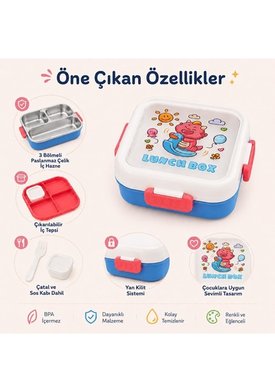 3 Bölmeli Paslanmaz Çelik Çocuk Beslenme Kabı, Kilitli Lunch Box,kırmızı Çok Renkli