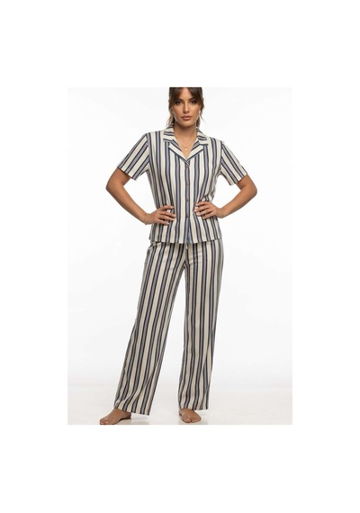 Relax Mode Kadın Mavi Çizgili Gömlek Pijama Takım - 26036r Beyaz