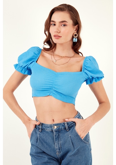 Lela Slim Fit Büzgü Detaylı Kalp Yaka Crop Bayan Bluz 5865601 Mavi