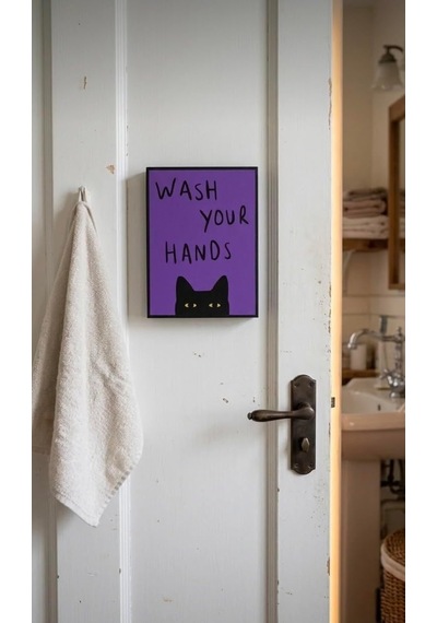 Wash Your Hands Kedi Figürlü Dekoratif Duvar Tablosu Banyo Kapısı Ve Lavabo Üstü Duvar Dekoru