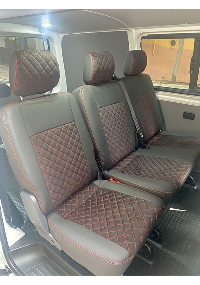 Volkswogen Transporter 5 1 T6.t7 Uyumlu Siyah Zemin Kırmızı Nakışlı Taytüyü Siyah Deri Karışımı