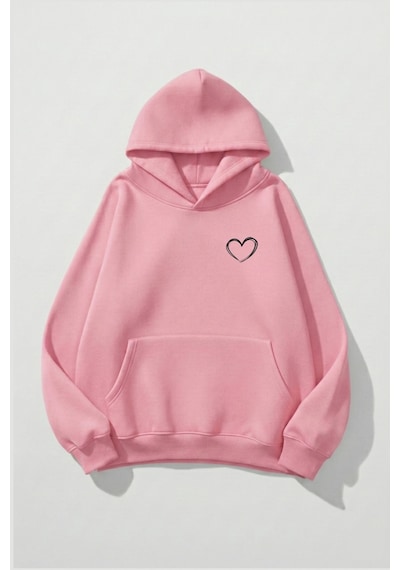 Uyguntarz Unisex Yumuşak Dokulu Cep Kalp Baskılı Tasarım Oversize 3 İplik Hoodie Sweatshirt Pembe