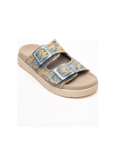 Luvishoes Luvi Shoes Mılana Mavi Desenli Hakiki Deri Tokalı Çift Bantlı Kadın Terlik Mavi