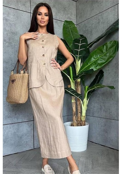 Neşeli Butik Kadın Keten Etek Yelek Alt Üst İkili Takım Nbemp1072 Vizon