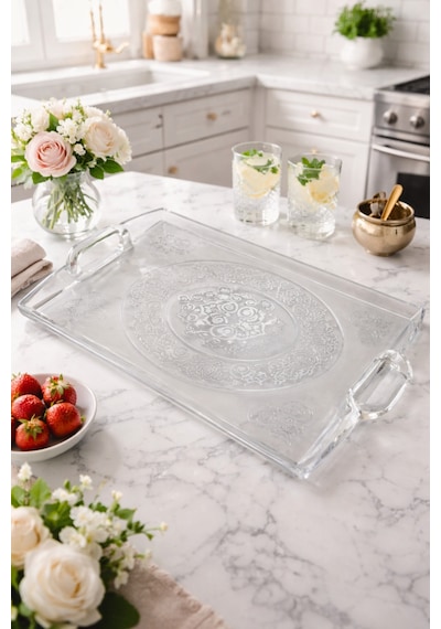 Makri Home 50x34 Cm Şeffaf Motifli Büyük Boy Plastik Kulplu Tepsi, Şık Kristal Sunum Tepsisi Şeffaf
