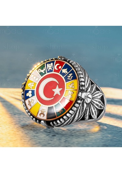 925 Ayar Gümüş 17 Türk Devleti Bayrağı Tasarım Erkek Yüzük Gümüş