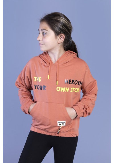 Toontoy Kız Çocuk Kanguru Cepli Baskılı Sweatshirt Kiremit