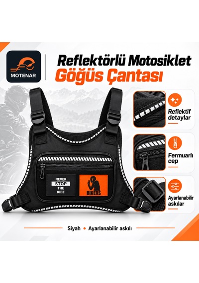 Motenar Reflektörlü Motosiklet Göğüs Çantası Askılı Siyah