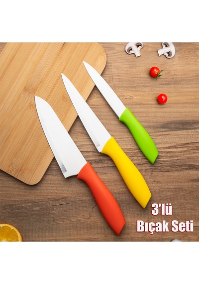 Porsima 3155-3'lü Bıçak Seti Meyve Et Doğrama Bıçağı Şef Bıçağı Çok Renkli