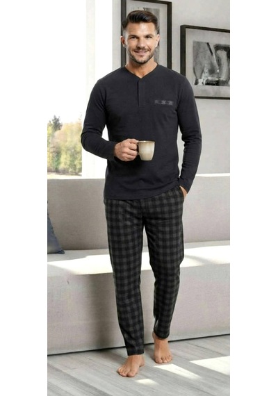 Erse Uzun Kol Pamuklu İnterlok Erkek Pijama Takımı Siyah - 9091554973088