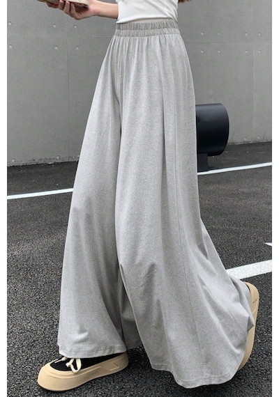 Tarz Cool Kadın 2 İplik Oversize Bol Paça Tasarım Eşofman Altı Yüksek Bel Rahat Model Gri Melanj
