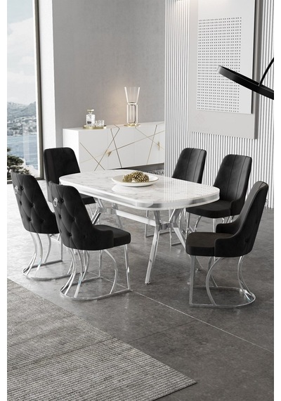 Canisa Epal Serisi 90x168 Lak Panel Beyaz Mermer Desen Masa Takımı Krom Ayaklı 6 Siyah Sandalye Beyaz Mermer Desen Masa Sandalyeler Siyah