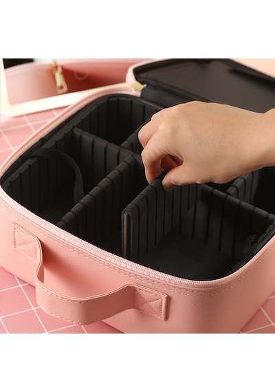 Led Aynalı Makyaj Çantası Taşınabilir Kozmetik Organizer Pembe