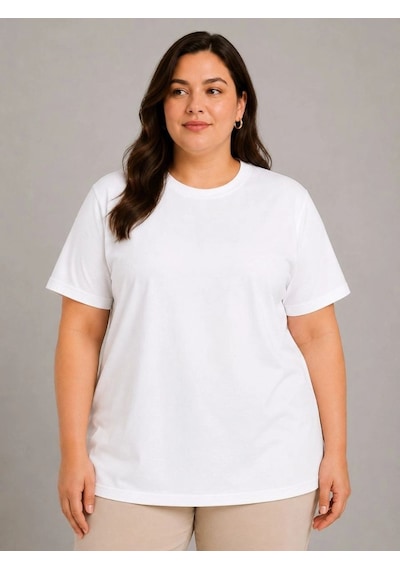 Kadın Battal Big Size Basic Tişört Bisiklet Yaka Rahat Kalıp T-shirt - Beyaz