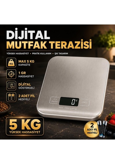 Dijital Mutfak Terazisi 5 Kg Kapasiteli 1 Gr Hassasiyetli Paslanmaz Çelik Pil Hediyeli Hassas Ölçüm Çok Renkli
