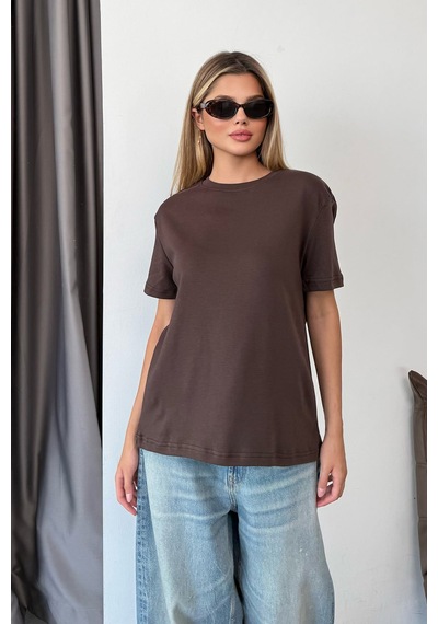 Kadın Bisiklet Yaka Basic T-shirt Kahverengi - 26y 26118