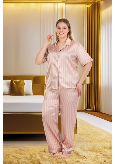 3dsepetim Büyük Beden Şık Tasarım Vizon Çizgili Düğmeli Kısa Kol Lüx Saten Pijama Takımı Vizon 3dsepetim Büyük Beden Şık Tasarım Vizon Çizgili Düğmeli Kısa Kol Lüx Saten Pijama Takımı Vizon