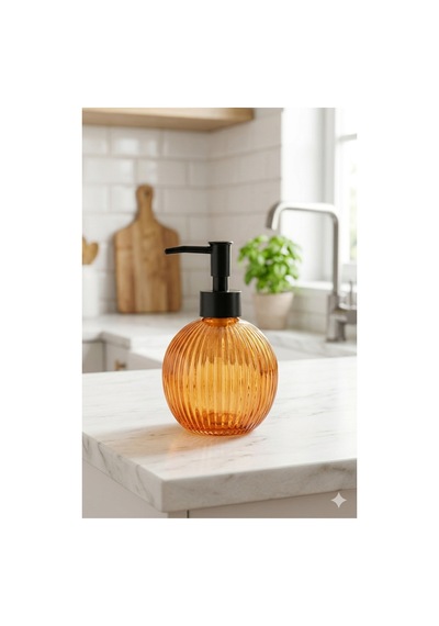 Çizgili Yuvarlak Siyah Pompalı Cam Sıvı Sabunluk - 500ml - 16x10x10 Cm Turuncu