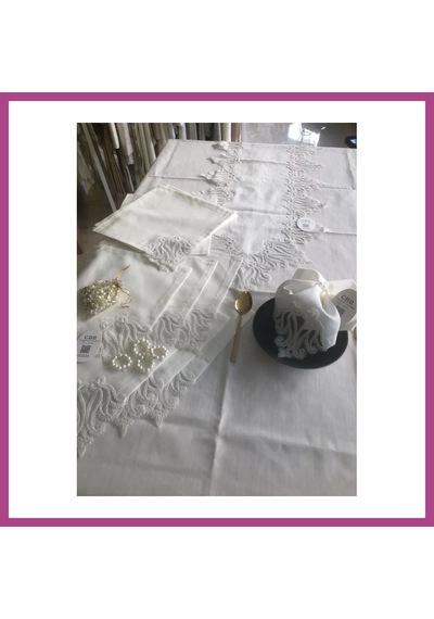 Gees Global Sofra Takımı 155x220 Cm Masa Seti Keten Dantelli Dekoratif Gülse Model Yemek Masası Örtüsü Krem Gbzs