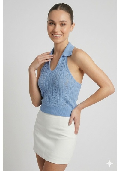 Neden Tekstil Kadın Polo Yaka Sırt Dekolteli Crop Bluz - Mavi