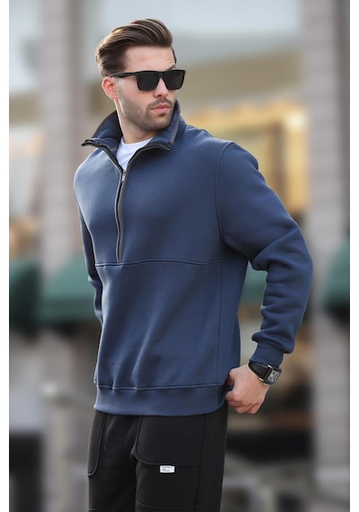 Madmext Lacivert Dik Yaka Yarım Fermuarlı Sweatshirt 7079 Lacivert