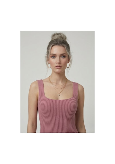 Neden Tekstil Premium Fit Kare Yaka Fitilli Triko Midi Elbise - Koyu Pembe
