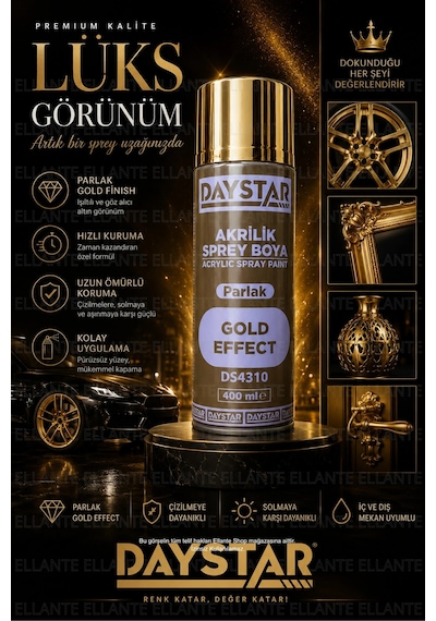 Gold Effect Parlak Altın Akrilik Sprey Boya 400 Ml Metal, Ahşap, Plastik Ve Seramik Uyumlu Çok Renkli