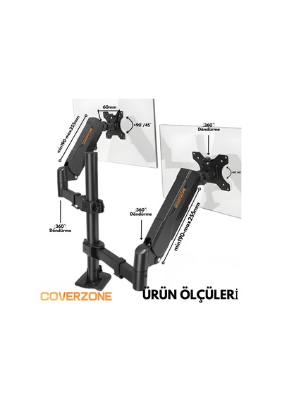 17 32 İnç Amortisörlü Çiftli Pivot Monitör Kolu, Gazlı Yaylı, 2 9 Kg, Çift Montaj Seçeneği Sıkıştırma Ve Vidalama, 360 Döner, Vesa Uyumlu Stant, M01, Siyah