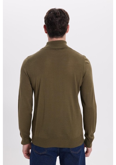 Tudors Erkek Slim Fit Tam Boğazlı Yaka Düz Yün Haki Triko Kazak-39414 Haki