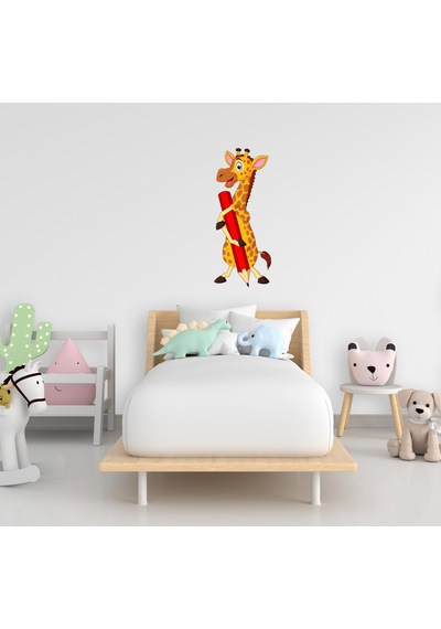 Sevimli Zürafa ve Kalem Ana Okulu Çocuk Odası Duvar Kapı Sticker