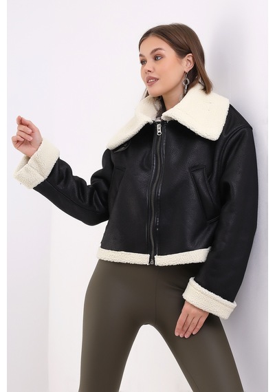 Winmoda34 İçi Kürk Astarlı Biker Kısa Ceket Siyah