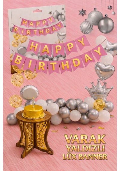 Altın Varak Yaldızlı Lüks Happy Birthday Banner - Pembe Tüm Yaşlar