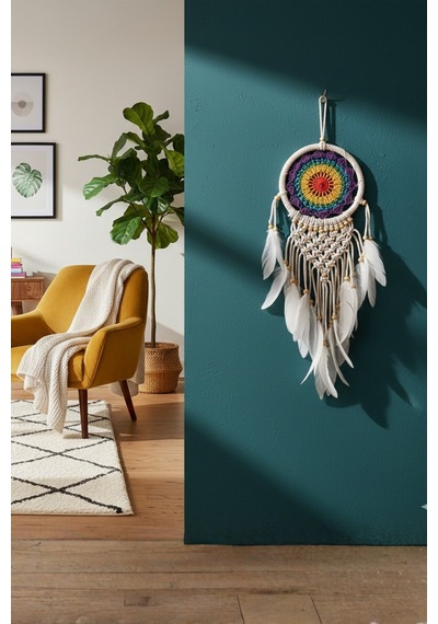 El Yapımı Rengarenk Desenli Ahşap Boncuklu Örgülü Makrome Ev Bohem Duvar Dekorasyonu Dream Catcher