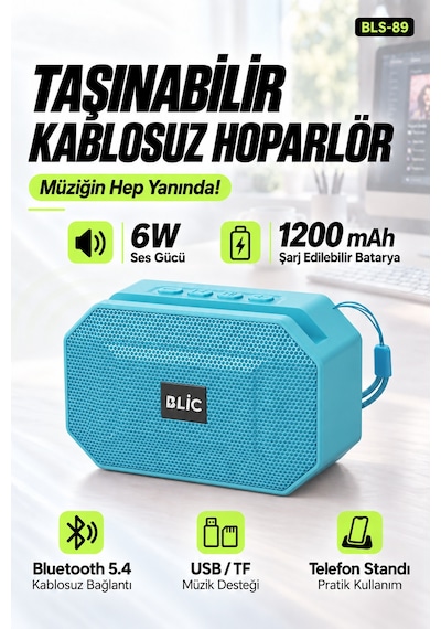 Blic Bls-89 Bluetooth 5.4 Taşınabilir Hoparlör Mavi 6w Rms, Telefon Standlı, Usb Ve Tf Kart Destekli
