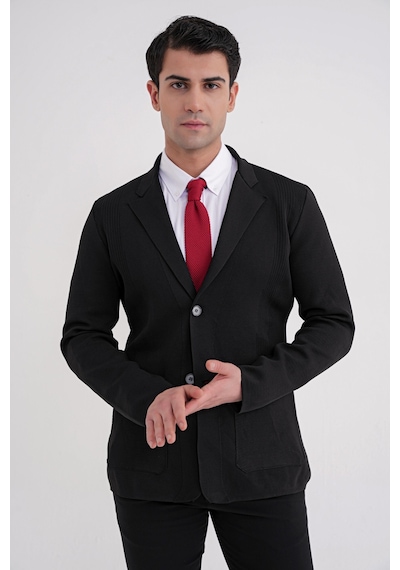 Comfort Fit Ceket Yaka Torba Cep Düğmeli Siyah Yünlü Triko Ceket 04 Siyah