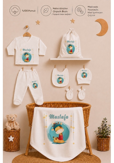 Pia Baby Kişiye Özel %100 Pamuk Erkek Bebek Hastane Çıkışı Zıbın Seti 8 Parça Kese Hediyeli 2082zybk0x Ekru