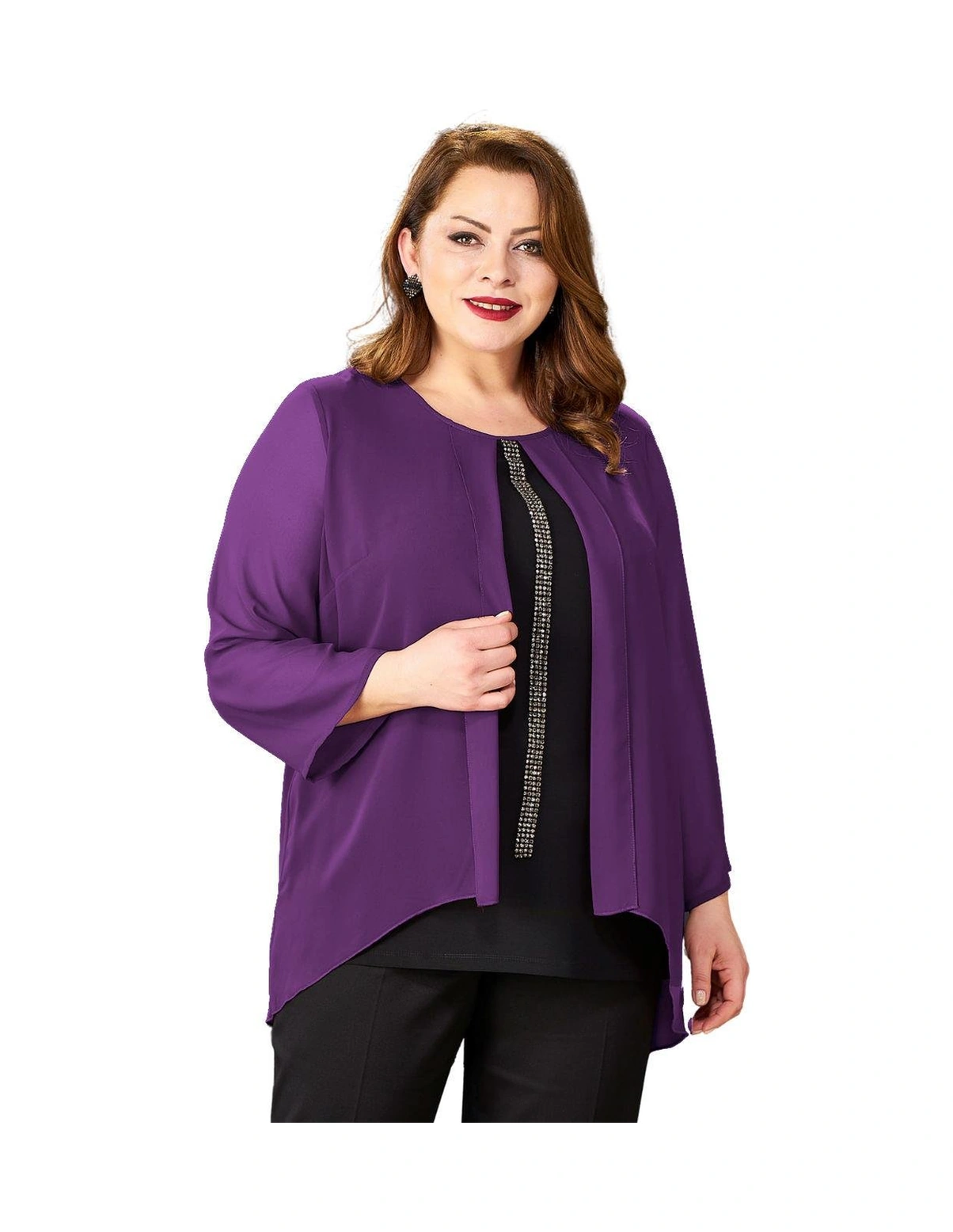 Lilas Xxl Büyük Beden Koyu Mor Renkli Likralı Şifon Bluz Mor