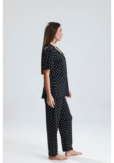 Kompedan Kadın Puantiye Desen Önden Düğmeli Pijama Takım Siyah P. Siyah