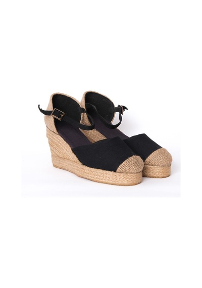 Star Tombis Gerçek Elişi Burnu Hasır Platformlu Dolgu Topuk Siyah Keten Hasır Espadril Handmade Siyah