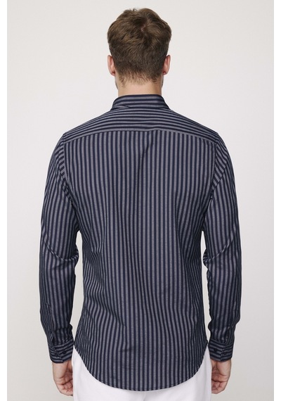 Tudors Slim Fit Pamuklu Kolay Ütü Çizgili Lacivert Erkek Gömlek-27784-lacivert Lacivert