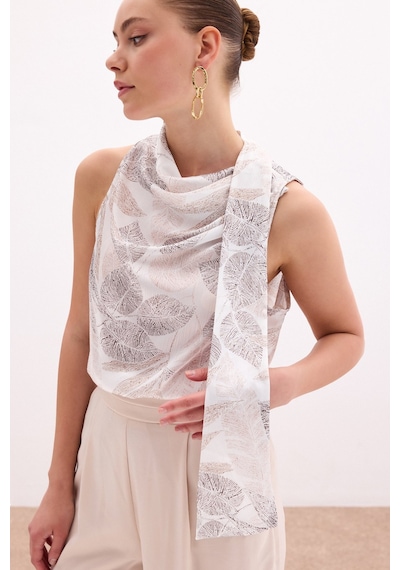 Sateen Fularlı Desenli Bluz - Vizon-136080 Vizon