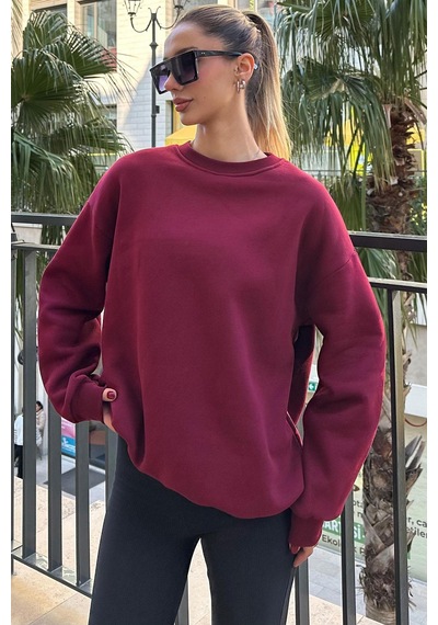 Madmext Bordo Bisiklet Yaka Basic Sweatshirt Mg1559 Bordo