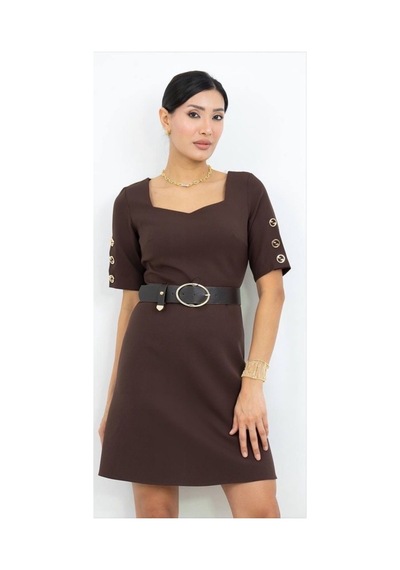 Dorne Moda Kemer Detaylı Mini Elbise Kahverengi Kahverengi