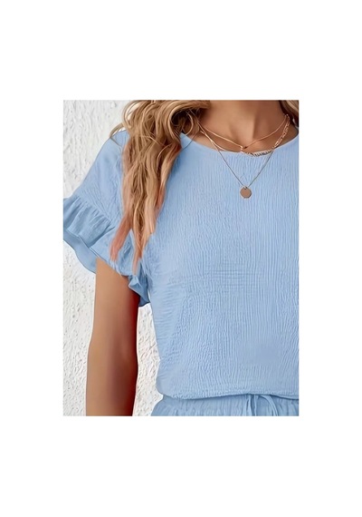 Butik İstanbul Kadın Kısa Kollu Bisiklet Yaka Bürümcük Bluz Ve Kısa Short Ikili Takım Mavi