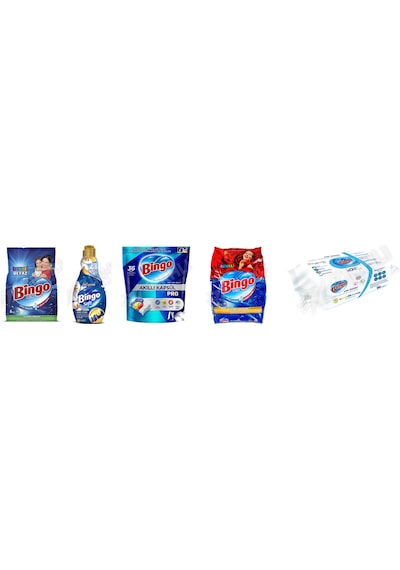 Bingo Tüm Renkler Deterjan 6 Kg+ Soft Yumuşatıcı 1440 Ml + Bulaşık Tab. 36'lı + Renkli Ler 6 Kg + Yüzey Tem. Havlusu 96'lı 5'li Set Diğer